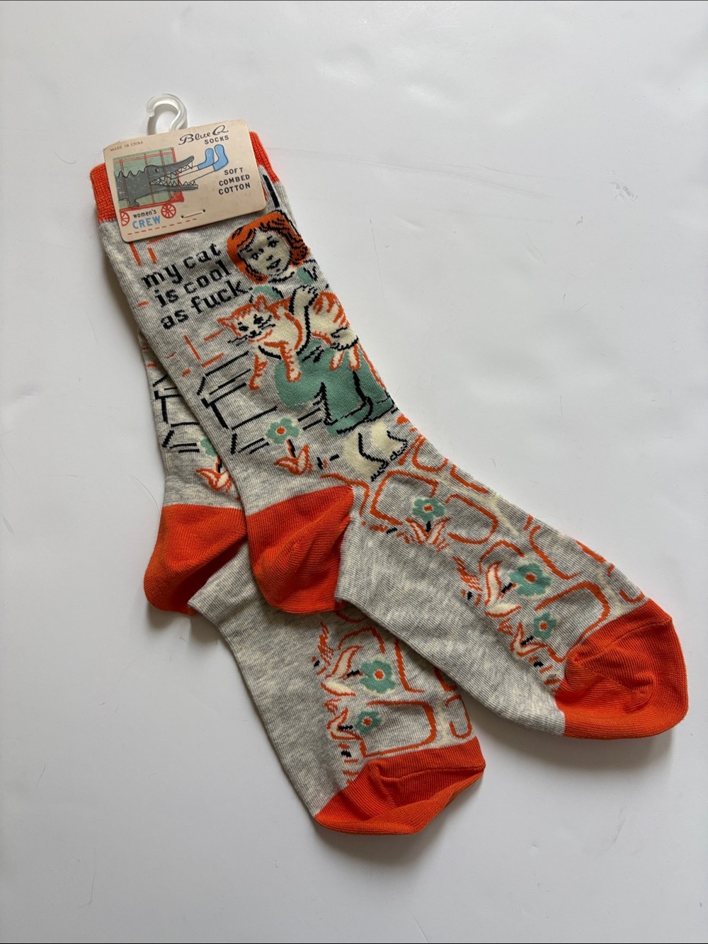 Blue Q Novelty Crew Socks - Heather Gray, Orange & Teal Cat Design